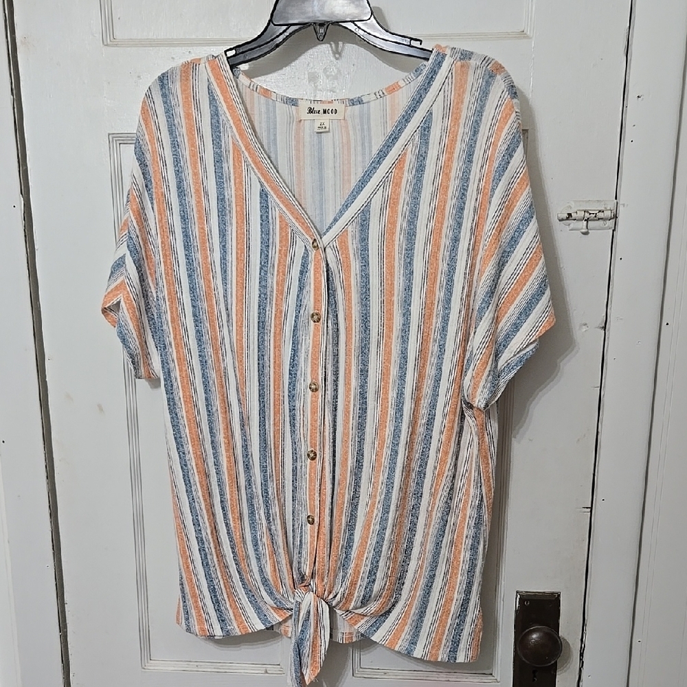Blue Mood Women's Striped Button-Down Top Tie Waist Blue and Orange 2X